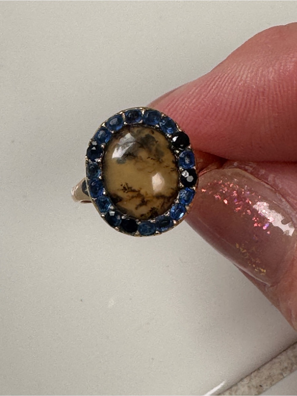 Rare Antique 9k gold Dendritic Agate Halo Ring with Blue paste Stone Accents